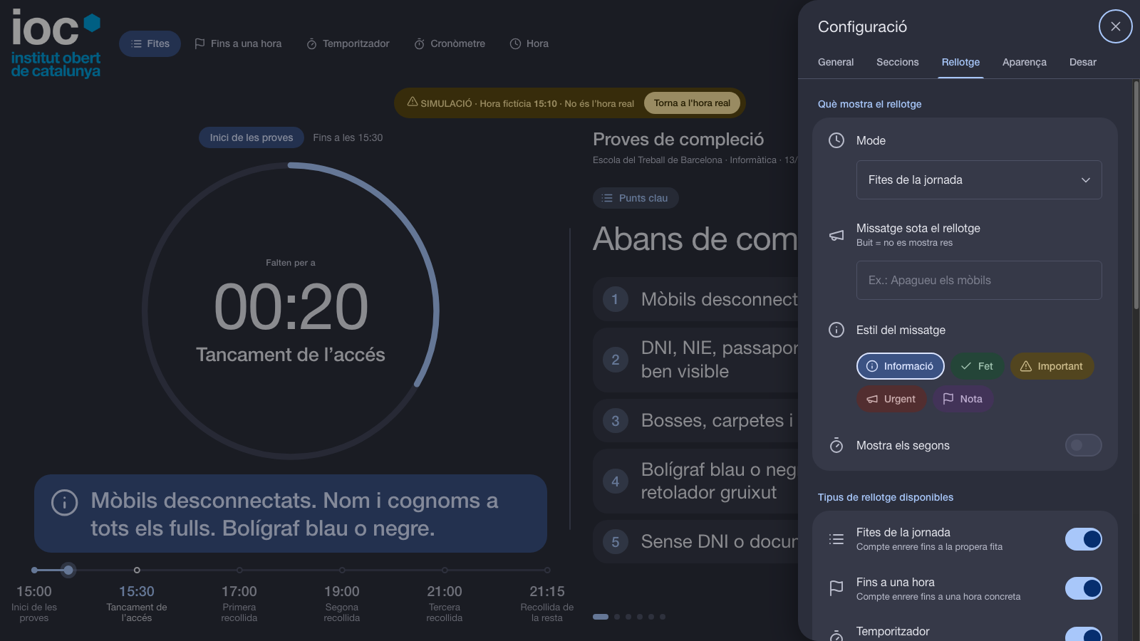 The settings panel, with the same look in every tab