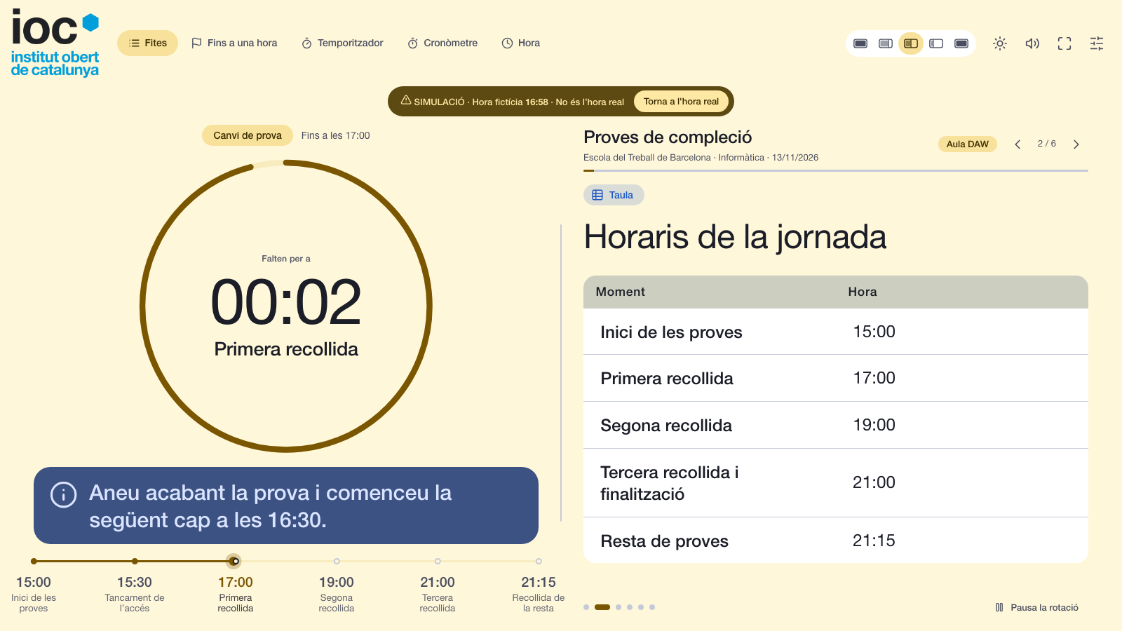 Light theme with a cream background and the day timetable